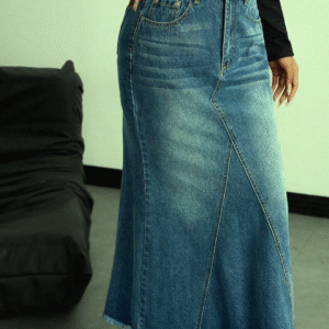 LogiFirst Distressed Raw-Hem Denim Maxi Skirt – Size L, Vintage A-Line Jean Skirt