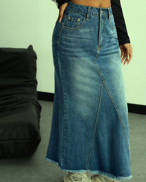 LogiFirst Distressed Raw-Hem Denim Maxi Skirt – Size L, Vintage A-Line Jean Skirt