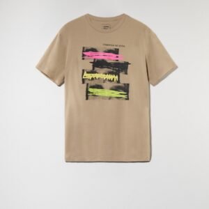 Sinsay “Through My Eyes” Men’s Graphic T-Shirt – Size S, Beige Tee with Neon Abstract Print