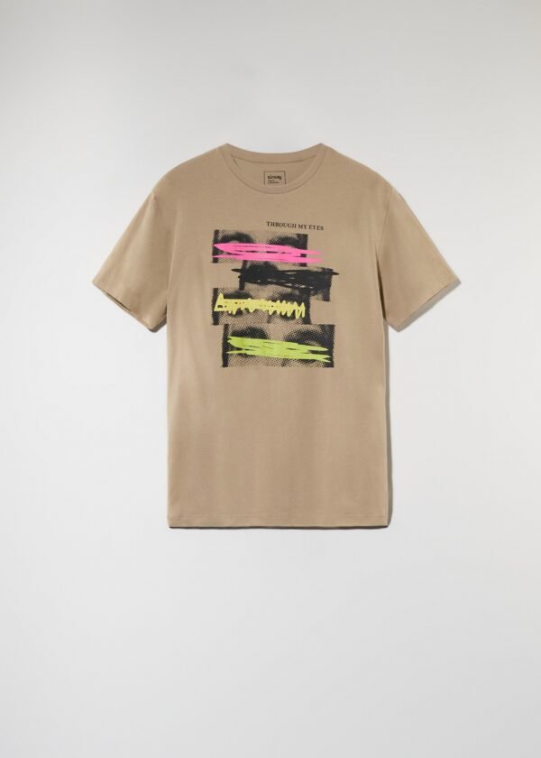 Sinsay “Through My Eyes” Men’s Graphic T-Shirt – Size S, Beige Tee with Neon Abstract Print