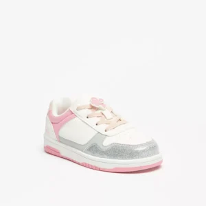 Barbie Kids’ Pink & Silver Glitter Low-Top Sneakers – Size 34, Lace-Up Fashion Shoes