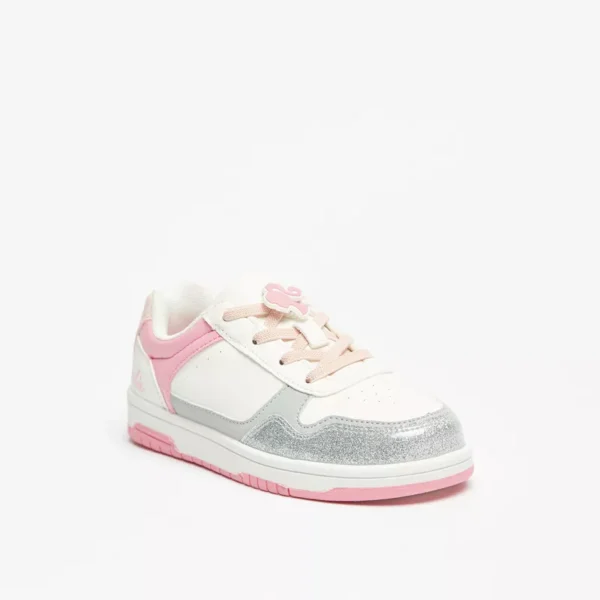 Barbie Kids’ Pink & Silver Glitter Low-Top Sneakers – Size 34, Lace-Up Fashion Shoes