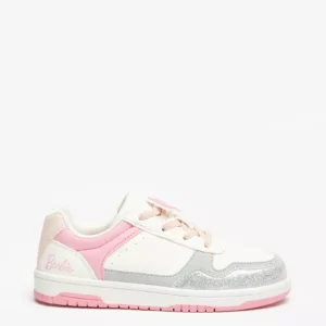 Barbie Kids’ Pink & Silver Glitter Low-Top Sneakers – Size 34, Lace-Up Fashion Shoes