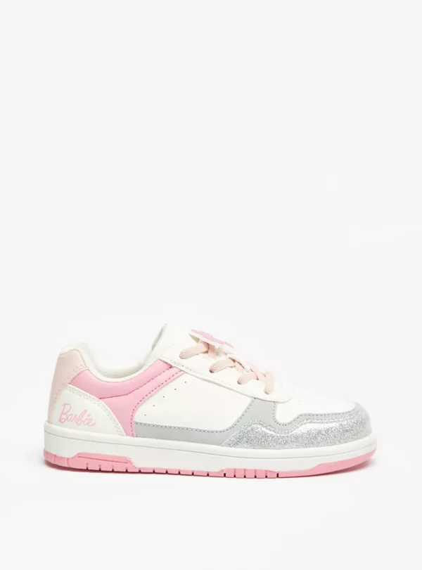 Barbie Kids’ Pink & Silver Glitter Low-Top Sneakers – Size 34, Lace-Up Fashion Shoes