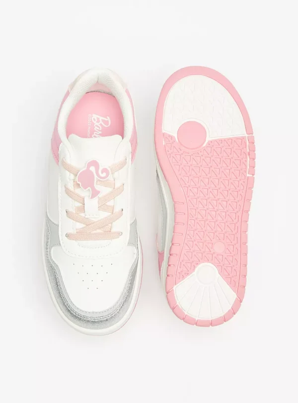 Barbie Kids’ Pink & Silver Glitter Low-Top Sneakers – Size 34, Lace-Up Fashion Shoes