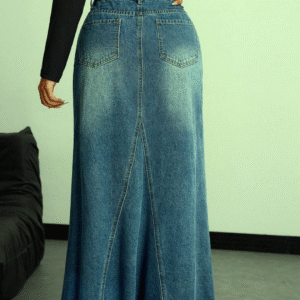 LogiFirst Distressed Raw-Hem Denim Maxi Skirt – Size L, Vintage A-Line Jean Skirt