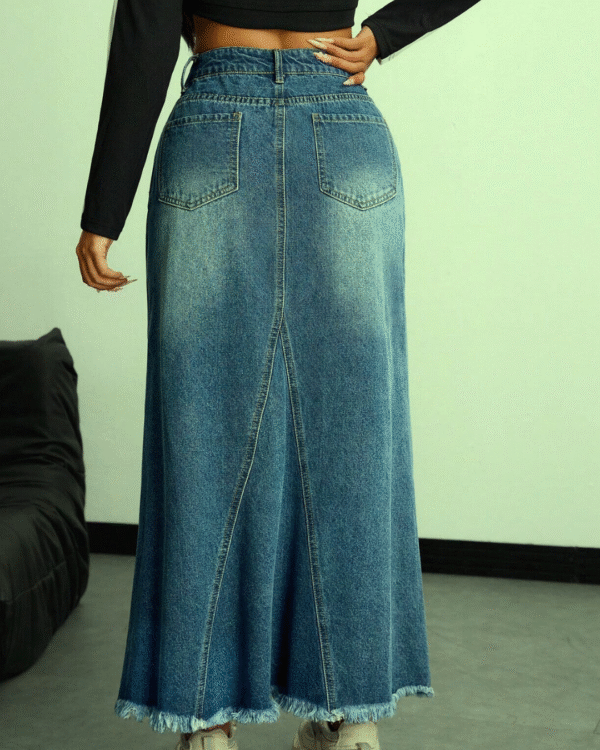 LogiFirst Distressed Raw-Hem Denim Maxi Skirt – Size L, Vintage A-Line Jean Skirt