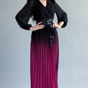Black to Fuchsia Ombre Pleated Long-Sleeve Midi Dress – Shein 2XL