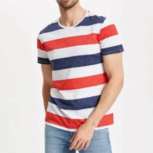 DeFacto Men’s Red, White & Navy Striped T-Shirt – Casual Crew Neck, Size M