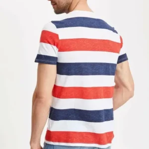 DeFacto Men’s Red, White & Navy Striped T-Shirt – Casual Crew Neck, Size M