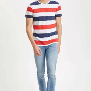 DeFacto Men’s Red, White & Navy Striped T-Shirt – Casual Crew Neck, Size M