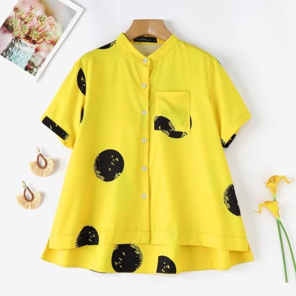LogiFirst Women’s Yellow Polka‑Dot Button‑Down Blouse with Mandarin Collar – Size L