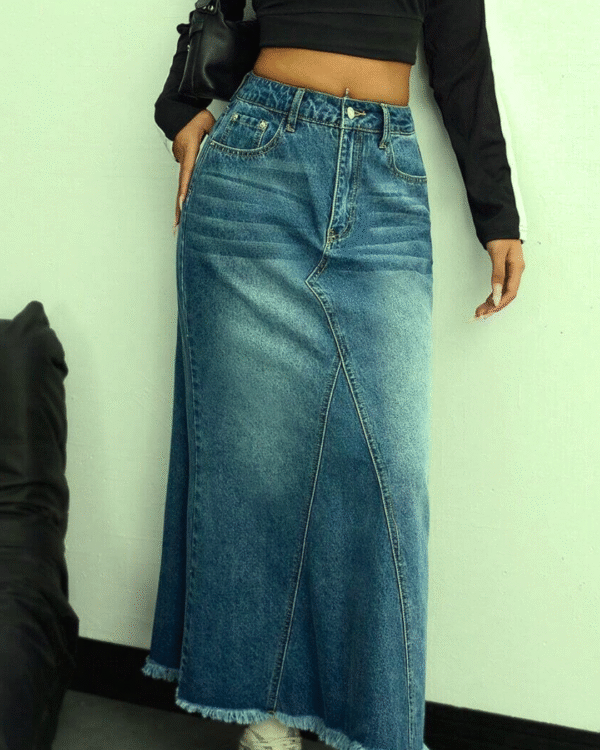 LogiFirst Distressed Raw-Hem Denim Maxi Skirt – Size L, Vintage A-Line Jean Skirt