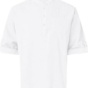 Men's White Mandarin Collar Long Sleeve Shirt – Cotton Blend , Size M