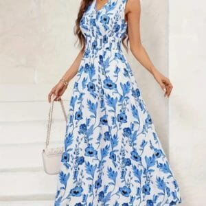 SHEIN Women’s Blue Floral Sleeveless Maxi Dress – Elegant Summer V-Neck Dress, Size XL