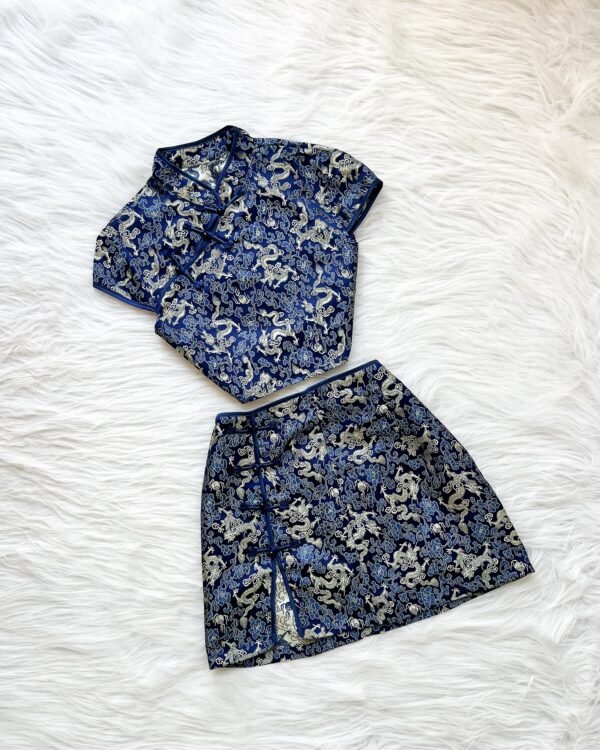 Shein Blue Brocade Dragon Embroidered Mini Cheongsam Dress – Size XS, Elegant Chinese-Inspired Partywear