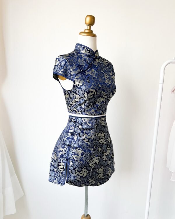 Shein Blue Brocade Dragon Embroidered Mini Cheongsam Dress – Size XS, Elegant Chinese-Inspired Partywear