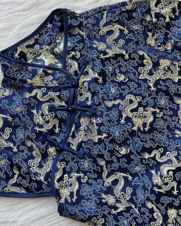 Shein Blue Brocade Dragon Embroidered Mini Cheongsam Dress – Size XS, Elegant Chinese-Inspired Partywear