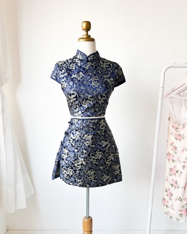 Shein Blue Brocade Dragon Embroidered Mini Cheongsam Dress – Size XS, Elegant Chinese-Inspired Partywear