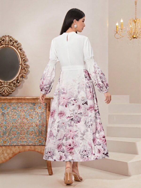 Shein L White & Mauve Floral Long-Sleeve Maxi Dress – Tie-Waist, Keyhole Detail