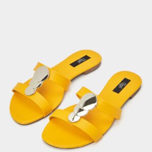 Styli Women’s Yellow Flat Slip-On Sandals with Metallic Accents – Size 37