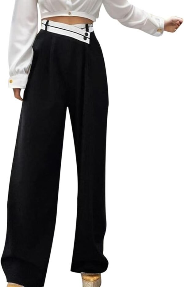 Shein High-Waist Black Wide-Leg Trousers with Contrast Belt – Size L, Elegant & Statement Pants