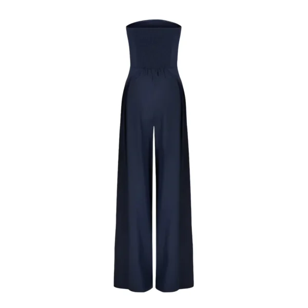 Women’s Navy Blue Strapless Wide-Leg Jumpsuit – SizeM Elegant Tube Style