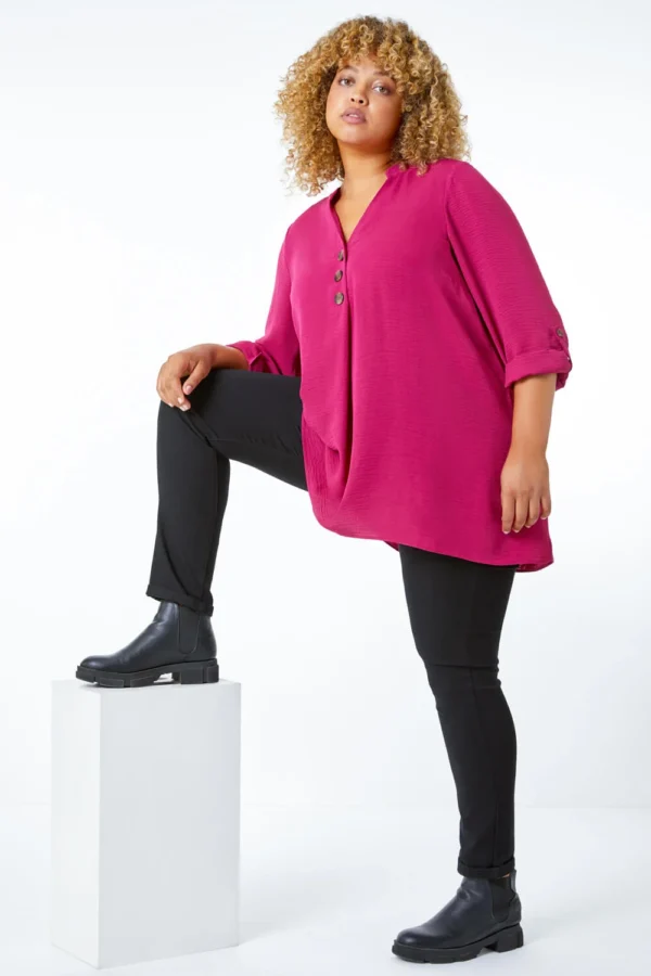 SHEIN Plus Size Hot Pink Button-Front Tunic Top – Size XL