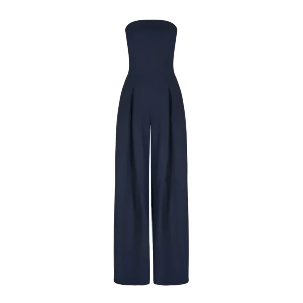 Women’s Navy Blue Strapless Wide-Leg Jumpsuit – SizeM Elegant Tube Style