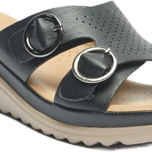 Flora Bella Women's Black Wedge Slip-On Sandals with Dual Buckle Straps – Size 41