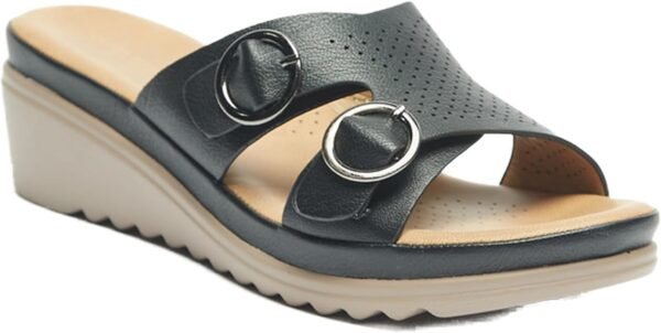 Flora Bella Women's Black Wedge Slip-On Sandals with Dual Buckle Straps – Size 41