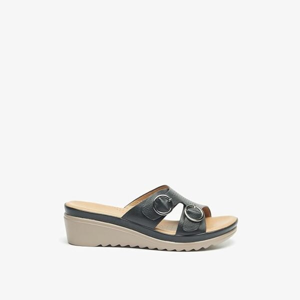 Flora Bella Women's Black Wedge Slip-On Sandals with Dual Buckle Straps – Size 41