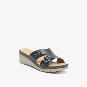 Flora Bella Women's Black Wedge Slip-On Sandals with Dual Buckle Straps – Size 41