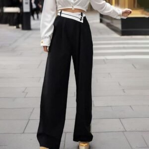 Shein High-Waist Black Wide-Leg Trousers with Contrast Belt – Size L, Elegant & Statement Pants