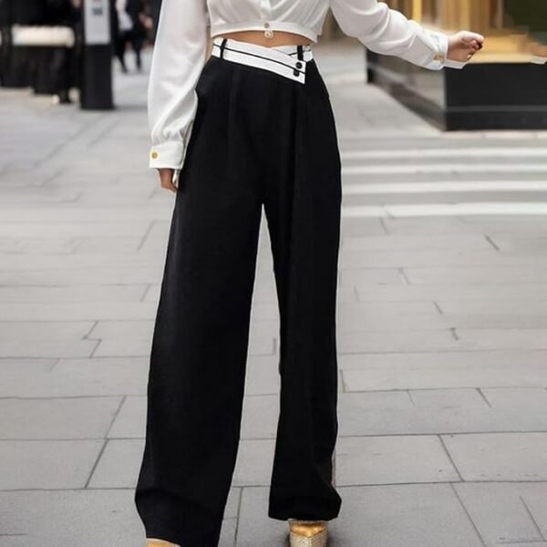 Shein High-Waist Black Wide-Leg Trousers with Contrast Belt – Size L, Elegant & Statement Pants