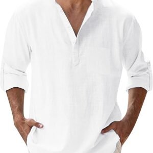 LOFT Men’s White Mandarin Collar Shirt – Long Sleeve Casual Style