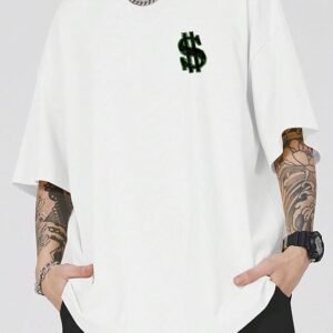 Romwe Men’s White Graffiti Flame & Dollar Oversized Graphic T-Shirt – Size M