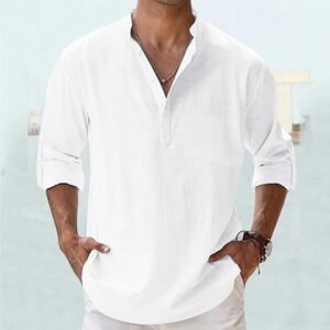 Men's White Mandarin Collar Long Sleeve Shirt – Cotton Blend , Size M