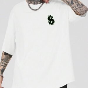 Romwe Men’s White Graffiti Flame & Dollar Oversized Graphic T-Shirt – Size M