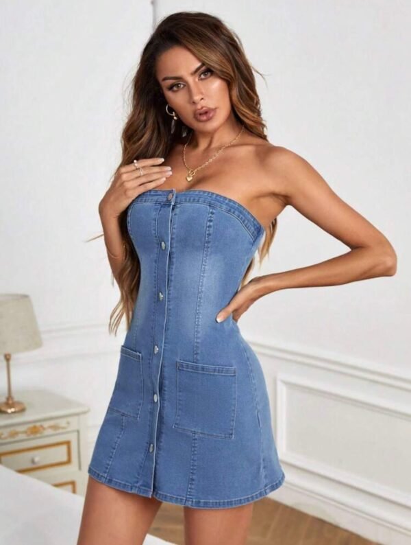 Shein Women's Strapless Button-Front Denim Mini Dress with Pockets Size M