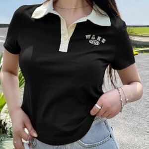 DAZY Black Contrast Collar Embroidered Polo Top Size S