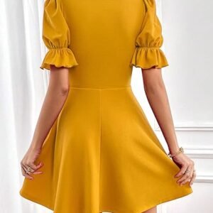 Shein Mustard Puff Sleeve Fit & Flare Dress – Casual Short Dress for Women, Size S