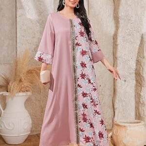 SHEIN Women’s Embroidered Maxi Kaftan Dress – Long Sleeve Modest Abaya Style, Size M