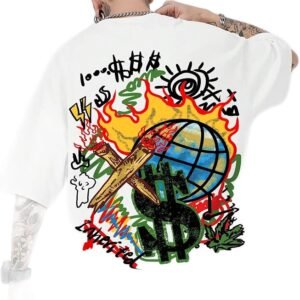 Romwe Men’s White Graffiti Flame & Dollar Oversized Graphic T-Shirt – Size M