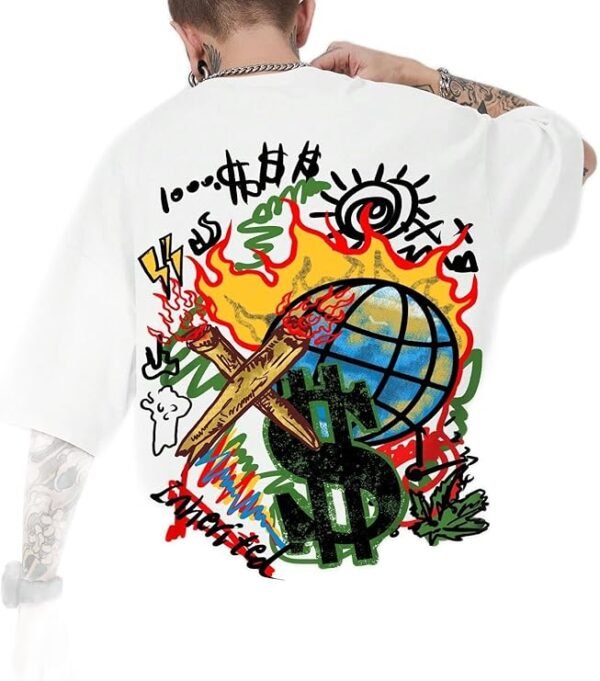 Romwe Men’s White Graffiti Flame & Dollar Oversized Graphic T-Shirt – Size M