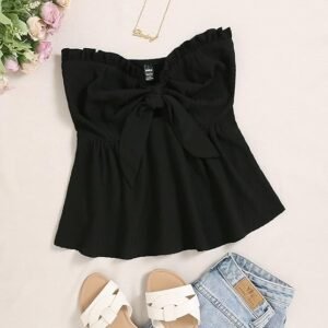 SHEIN Black Bow Front Ruffle Trim Bandeau Peplum Top Size L