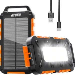 Ryoko R-153A 20000mAh Solar Power Bank – Waterproof Portable Charger with LED Flashlights & Fast USB-C Charging