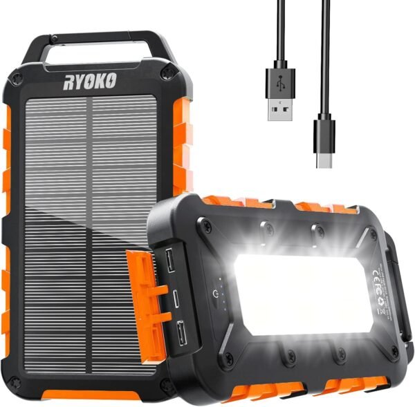 Ryoko R-153A 20000mAh Solar Power Bank – Waterproof Portable Charger with LED Flashlights & Fast USB-C Charging