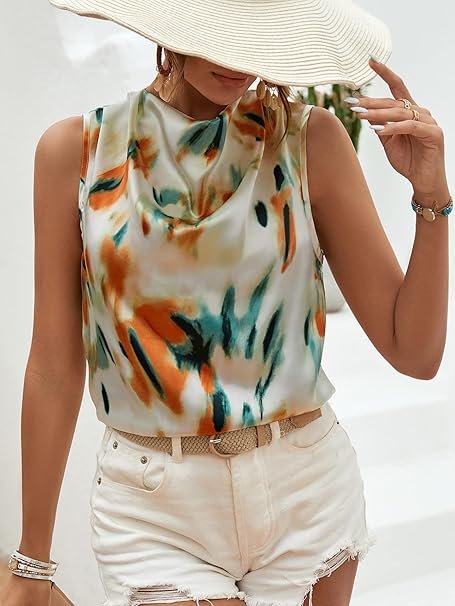 Emery Rose Women's Sleeveless Satin Drape Neck Top – Multicolor, Size M