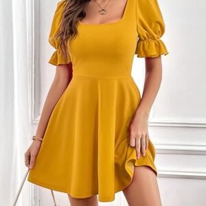 Shein Mustard Puff Sleeve Fit & Flare Dress – Casual Short Dress for Women, Size S